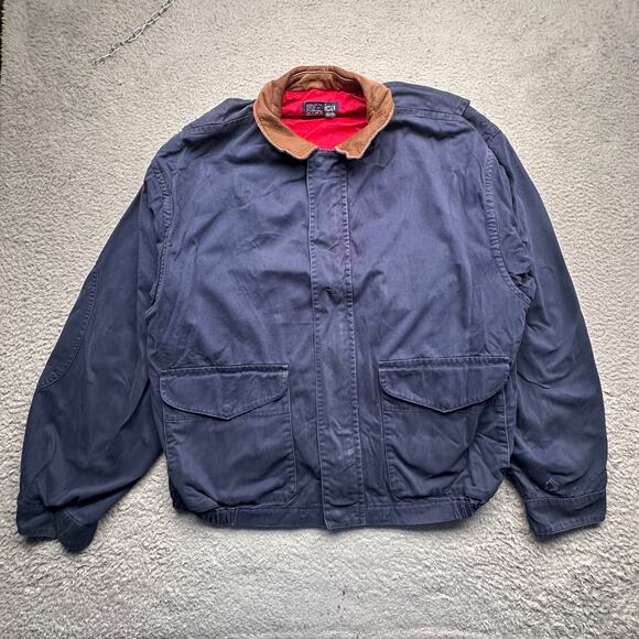 Vintage 90s Nautica Leather Collar Twill Bomber Jacket Mens XL Navy Red Full Zip - Picture 1 of 16